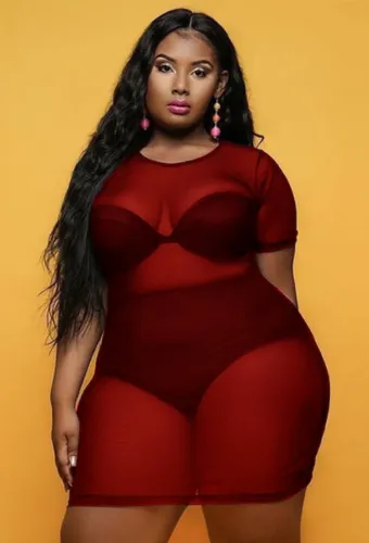 Plus Size Red Short Sleeve Transparent Mesh Bodycon Dress