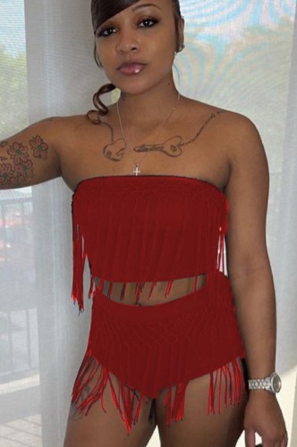 Sexy Two Piece Red Tassels Strapless Crop Top and Shorts Set