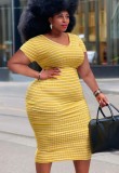 Sexy Plus Size Yellow Striped V-Neck Short Sleeve Midi Dress