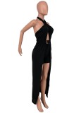 Black Wrap Halter Long Top and Shorts Two Piece Set