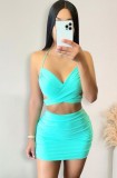 Sexy Blue Ruched Wrap Halter Crop Top and Mini Skirt Set