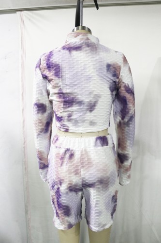 Tie Dye Long Sleeve Short Jacket and High Waist Short Sports Suit