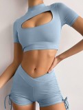 Blue Cutout Crop Top and Shorts Yoga Set