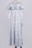 Floral High Slit Square Neck Puff Sleeve Maxi Dress