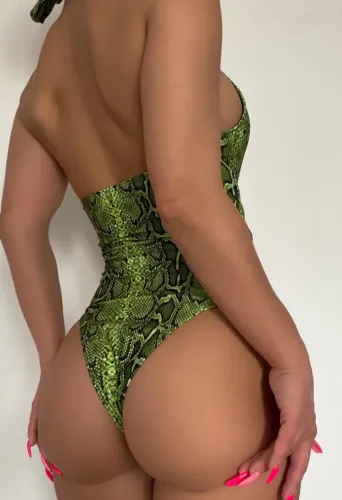Green Snakeskin Print One Piece Lace Up Swimsuit