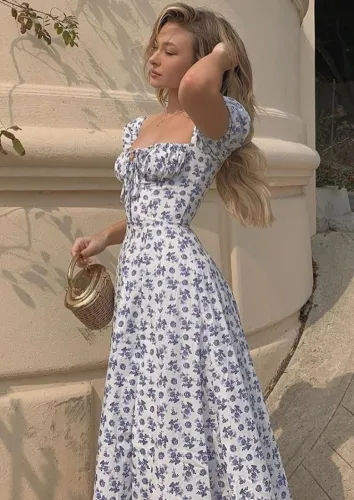 Floral High Slit Square Neck Puff Sleeve Maxi Dress