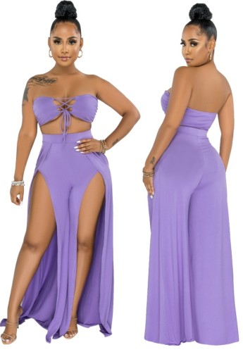 Purple Lace-Up Bandeau Top and Slit High Waist Pants Sexy Two Piece Set