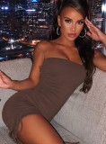 Brown Ruched Drawstrings Strapless Mini Bodycon Dress