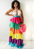 Colorful Layered Halter Sexy Maxi Dress