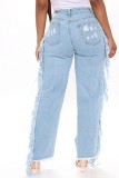 Trendy Tassels Cut Out Ripped Holes Blue Jeans