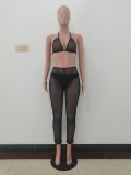 Black Hollow Out Mesh Bra and Pants Two Piece Beachwear