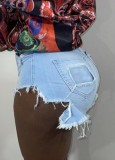 Sexy High Cut Light Blue High Waist Fringe Denim Shorts