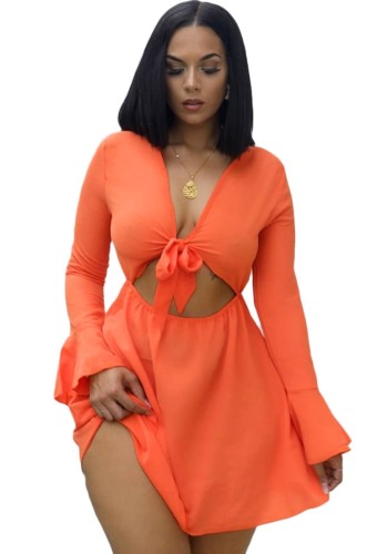 Orange Cut Out Long Sleeve Tie Front Sexy Short Dress