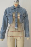 Light Blue Metal Chain Slit Distressed Short Denim Jacket