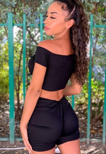Black Sexy Tie Front Crop Top and Shorts Set
