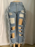 Trendy Tassels Cut Out Ripped Holes Blue Jeans