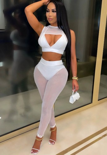 Two Piece White Mesh Splicing Sexy Crop Top and Pants