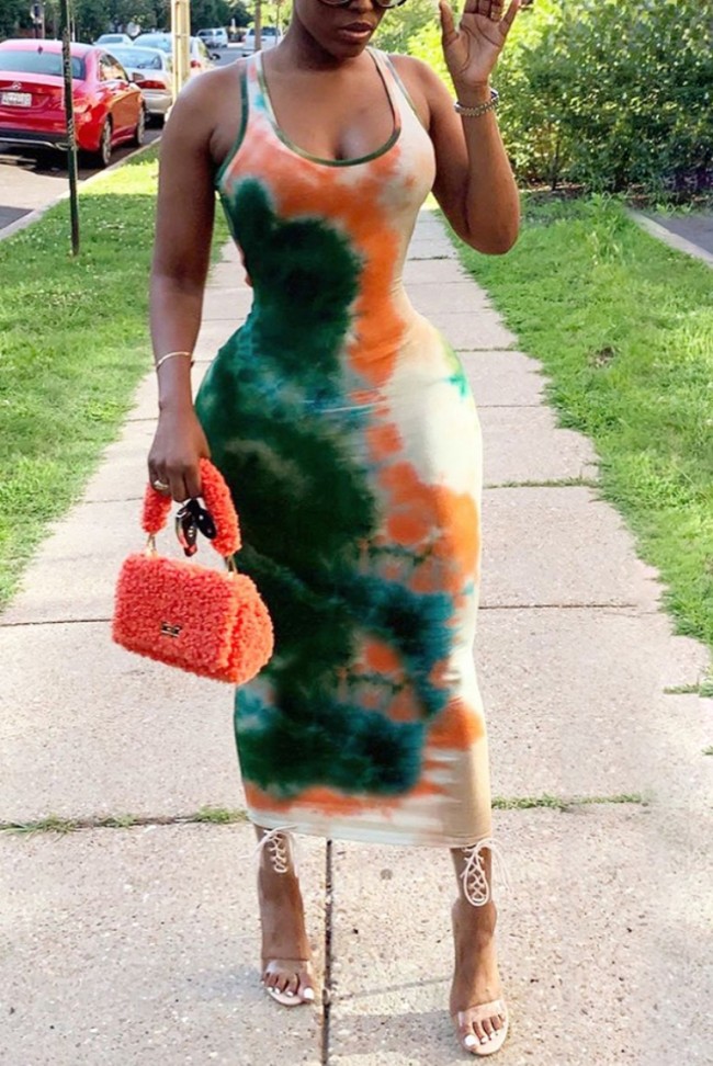 Tie Dye Cutout Scrunch Bodycon Sleeveless Midi Dress