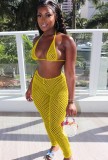 Yellow Hollow Out Mesh Bra and Pants Two Piece Beachwear