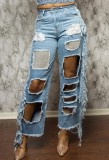 Trendy Tassels Cut Out Ripped Holes Blue Jeans