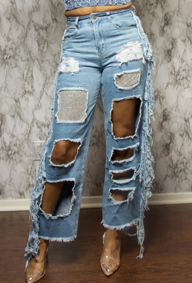 Trendy Tassels Cut Out Ripped Holes Blue Jeans