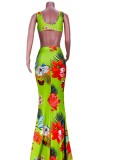 Floral Green Crop Top and Long Skirt Two Piece Set