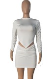 White Drawstrings Long Sleeve Crop Top and Ruched Mini Skirt Set