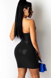 Black PU Leather Hollow Out Halter Ruched Bodycon Dress