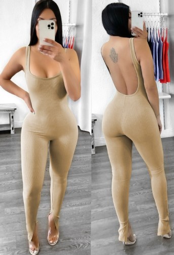 Sexy Open Back Khaki Sleeveless Slit Bottom Bodycon Jumpsuit