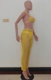 Yellow Hollow Out Mesh Bra and Pants Two Piece Beachwear