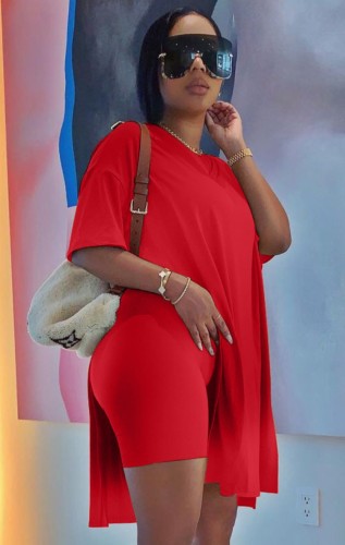Red Side Slit Long Top and Biker Shorts Two Piece Solid Set