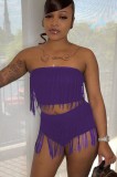 Sexy Two Piece Purple Tassels Strapless Crop Top and Shorts Set