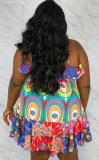 Plus Size Print Colorful Ruffle Cami A-Line Short Dress
