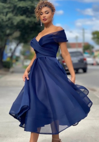 Occasional Blue Off Shoulder High Waist A-Line Prom Dress