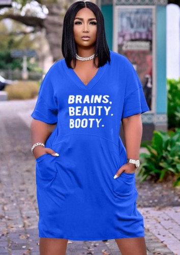 Print Blue V-Neck Loose Pocketed T-Shirt Dress