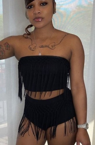 Sexy Two Piece Black Tassels Strapless Crop Top and Shorts Set