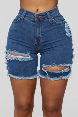 Dark Blue High Waisted Broken Holes Stylish Denim Shorts