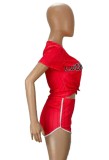 Sports Red Striped Button Top and Biker Shorts 2PCS Set
