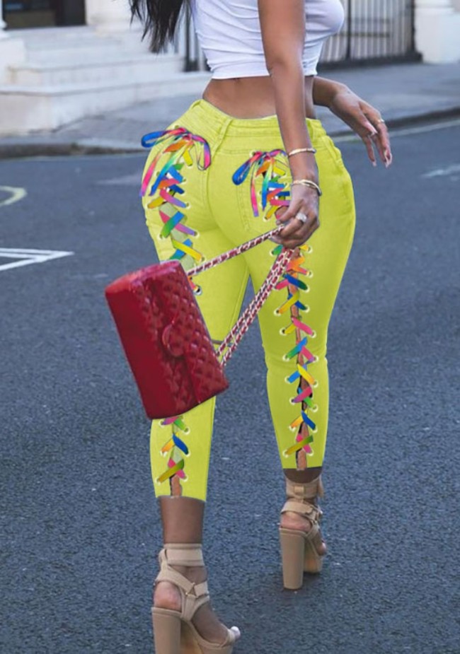 Tight Yellow Jeans with Colorful Lace Up Back