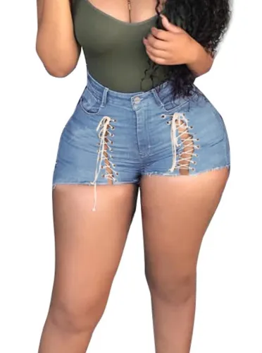 Sexy Lace Up Blue High Waist Stylish Denim Shorts