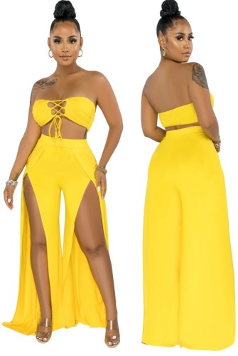 Yellow Lace-Up Bandeau Top and Slit High Waist Pants Sexy Two Piece Set