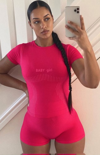Hot Pink Print Top and Shorts Summer Sports Suit