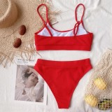 Solid Color Ribbed High Waist Two Piece Swimwear