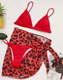 Red Bikini Set With Leopard Skirt Cover Up 3PCS