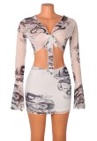 Sexy Print V Neck Flare Cuff Crop Top and Mini Skirt Set