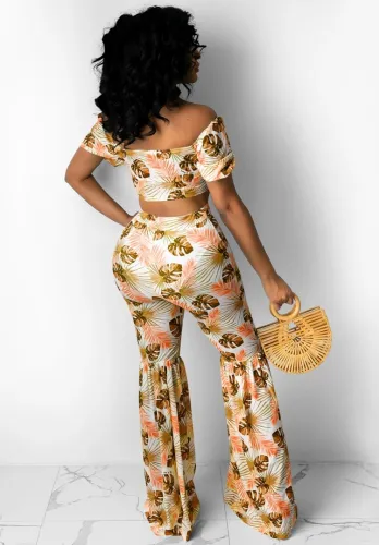 Print Matching 2PCS Yellow Tie Front Crop Top and Flare Pants