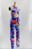 Abstract Print Sexy Wrap Halter Bodycon Jumpsuit