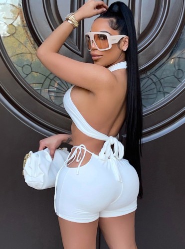 Sexy White Wrap Halter Crop Top and Hollow Out Shorts Set