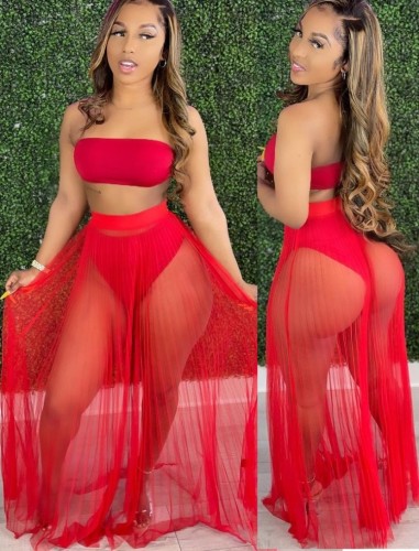 Red Bandeau Top & High Waist Mesh Skirt 2PCS Set