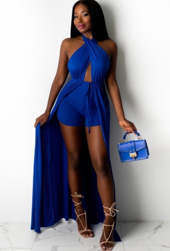 Blue Wrap Halter Long Top and Shorts Two Piece Set